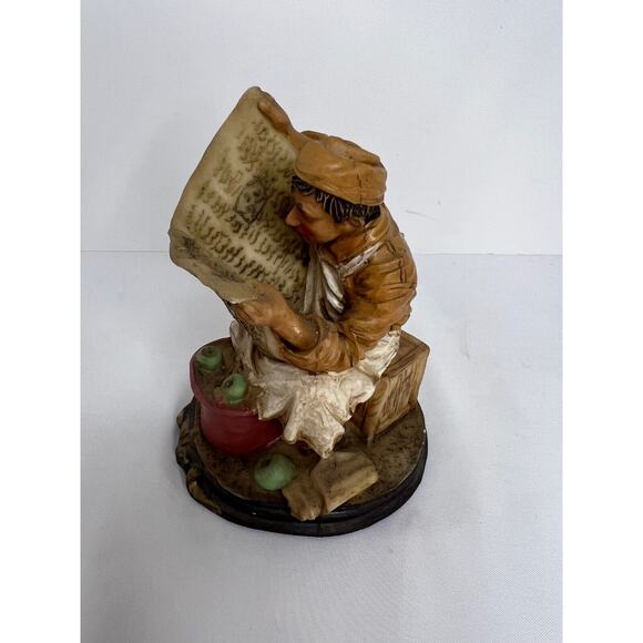 Vintage Resin Figure Sitting on Crate Working with Apples, Reading a Newspaper - Picture 3 of 6